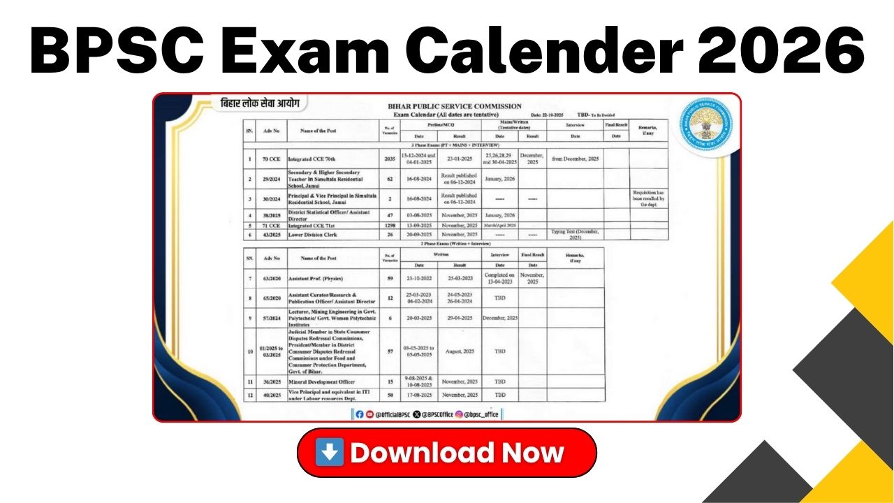 BPSC recruitment calendar 2026, Bihar Public Service Commission exam dates, BPSC upcoming exams, BPSC admit card release date, BPSC result date, BPSC exam schedule PDF, BPSC official website calendar, Bihar government job exams, BPSC 70th CCE mains date, BPSC Assistant Engineer exam, BPSC AEDO exam date, BPSC ATP exam schedule, BPSC Special School Teacher exam