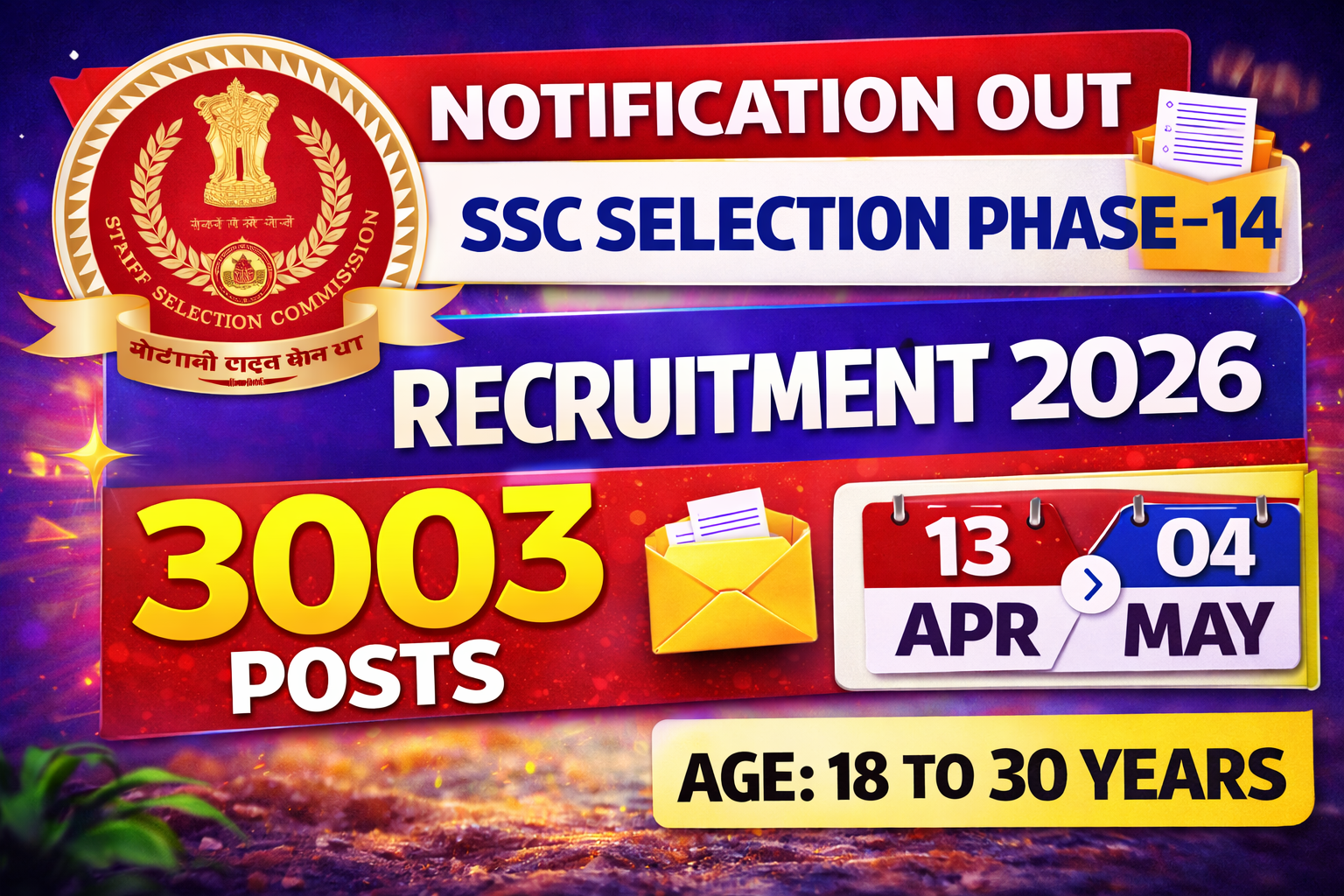 SSC Selection Phase 14 Recruitment 2026, SSC Phase XIV Notification, SSC Selection Post Vacancy 2026, SSC Online Form 2026, SSC Recruitment 3003 Posts