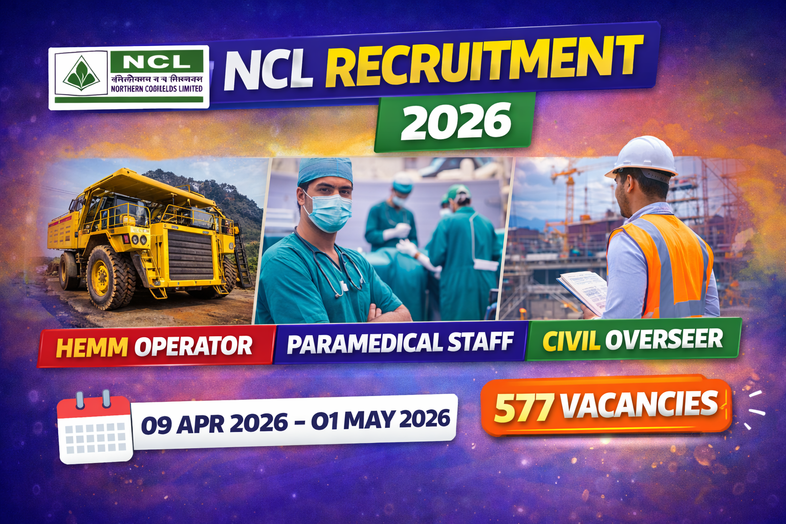 NCL Recruitment 2026, NCL Various Post Vacancy, NCL HEMM Operator Jobs, NCL Staff Nurse Recruitment, NCL Overseer Civil Vacancy, NCL Online Form 2026, nclcil.in