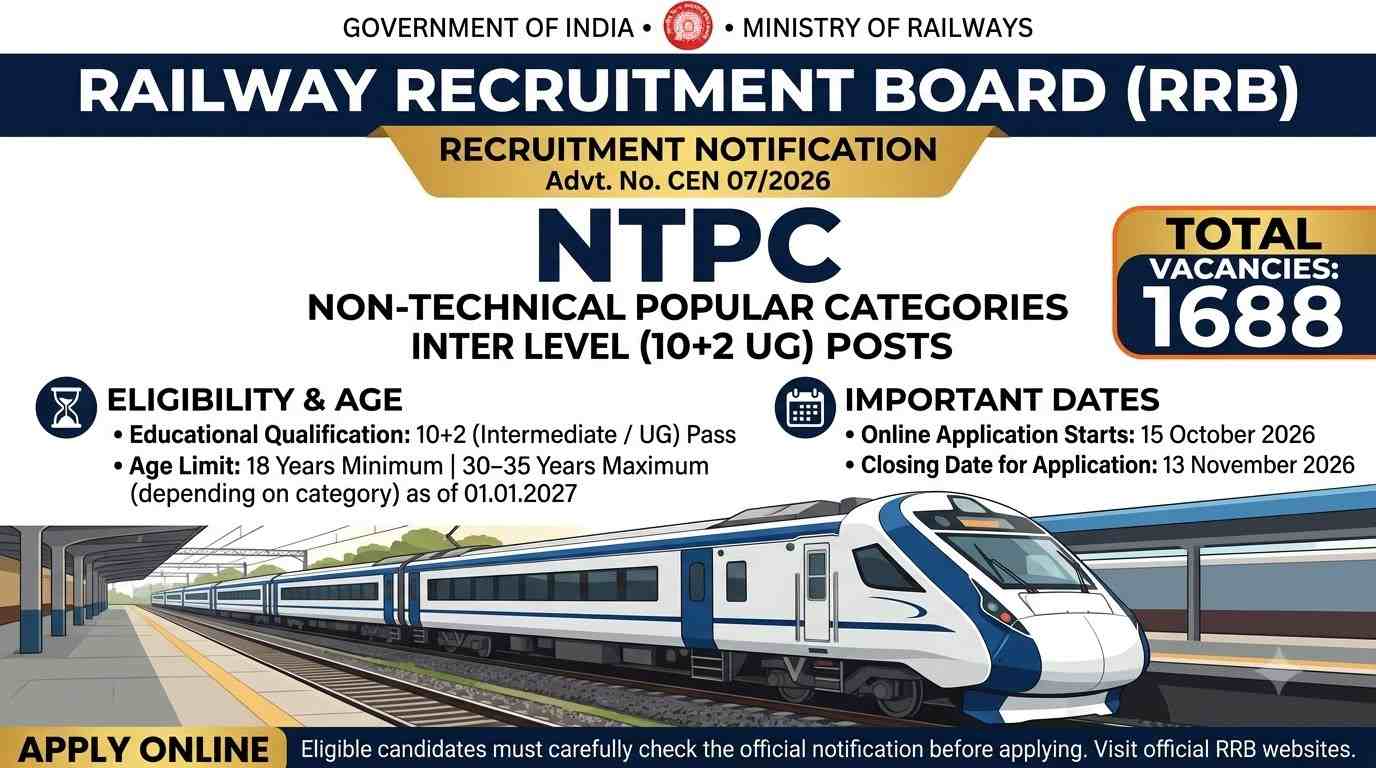 RRB NTPC 10+2 Recruitment 2026, RRB NTPC UG Recruitment 2026, RRB NTPC Recruitment 2026, RRB NTPC 1688 Posts, RRB NTPC Apply Online 2026, RRB NTPC Undergraduate Recruitment, RRB NTPC 10+2 Vacancy 2026, RRB NTPC Exam Date 2026, RRB NTPC CEN 07/2026, Railway NTPC Recruitment 2026, RRB NTPC Clerk Recruitment 2026, RRB NTPC Commercial Cum Ticket Clerk 2026